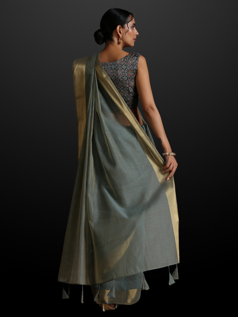 Blue Dusk Dual Shade Cotton Saree with Border and Tassels