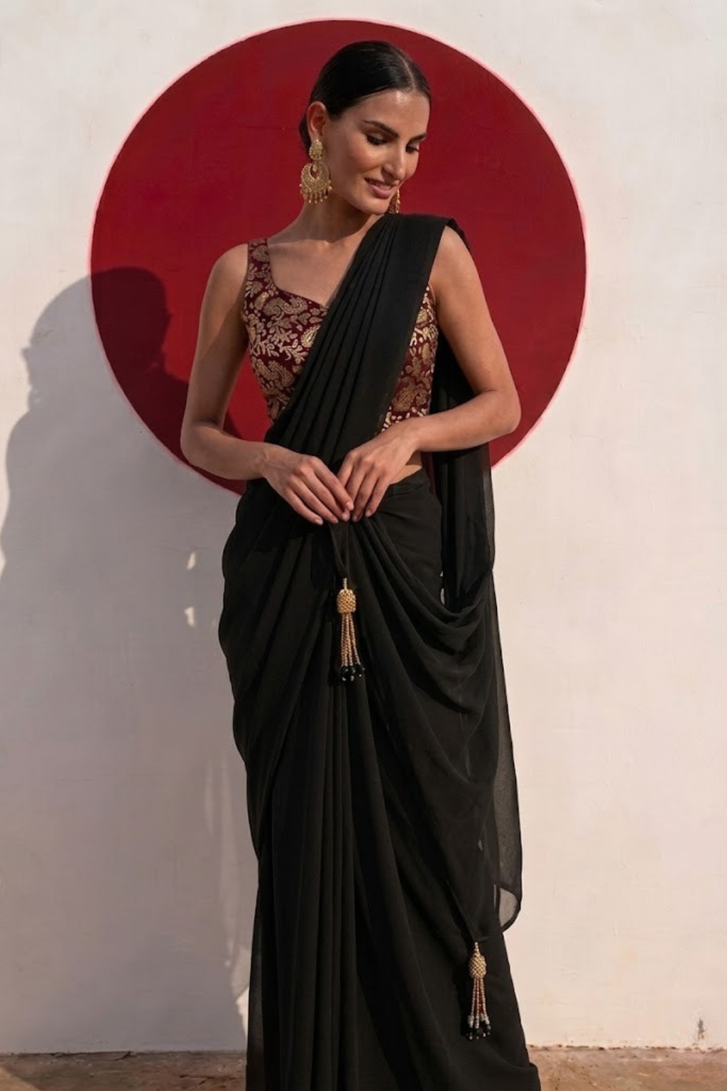 With Stitched Blouse - Maroon Brocade Blouse with Black Chiffon Saree (Blouse has sleeve attached)