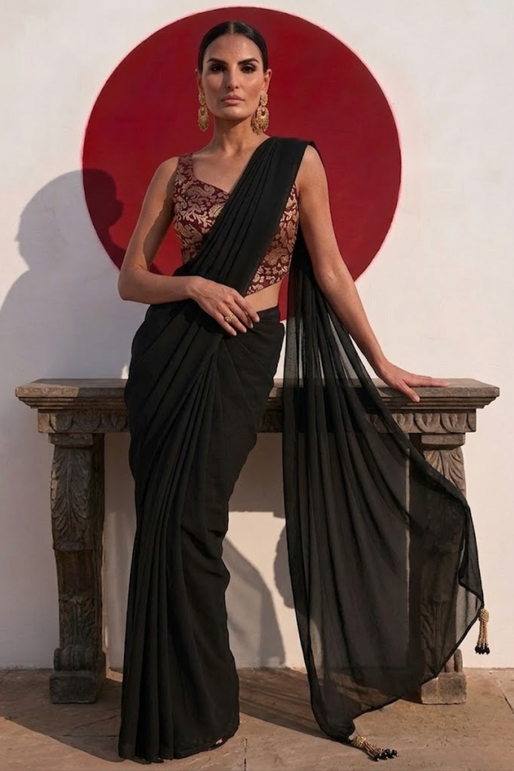 With Stitched Blouse - Maroon Brocade Blouse with Black Chiffon Saree (Blouse has sleeve attached)