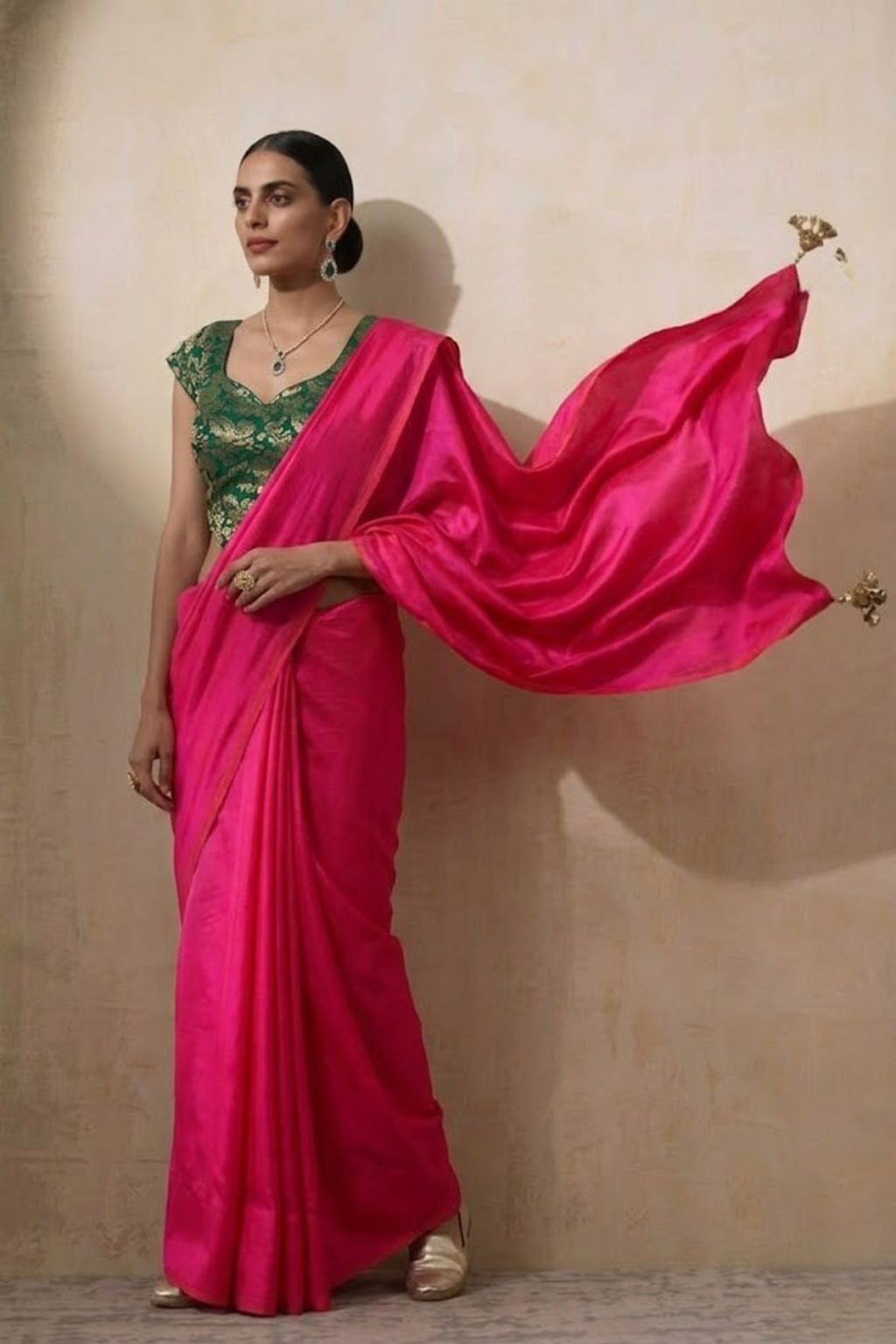 With Stitched Blouse - Green Brocade Blouse with Fuchsia Pink Dual Tone Satin Saree (Blouse has sleeve attached)
