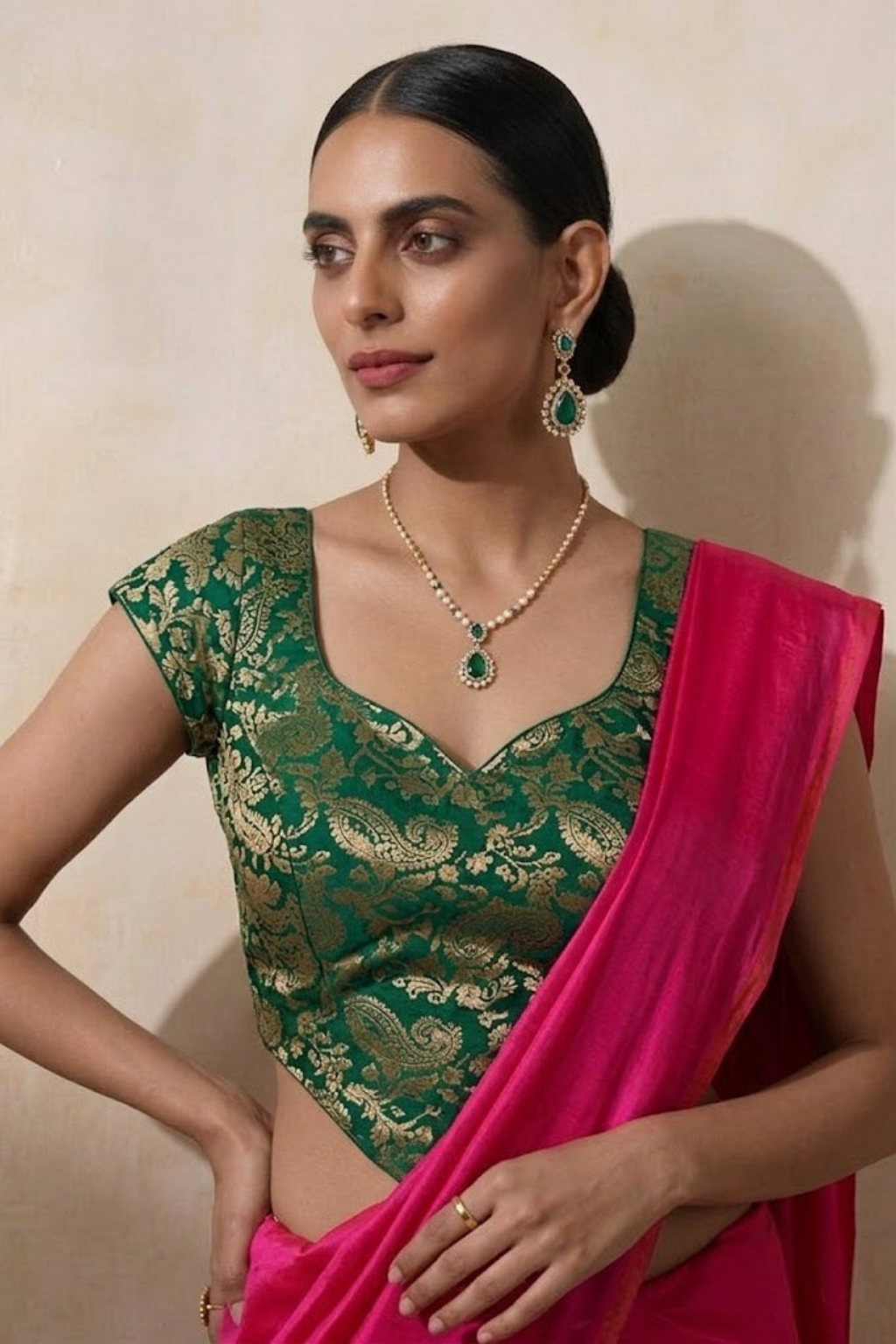 With Stitched Blouse - Green Brocade Blouse with Fuchsia Pink Dual Tone Satin Saree (Blouse has sleeve attached)