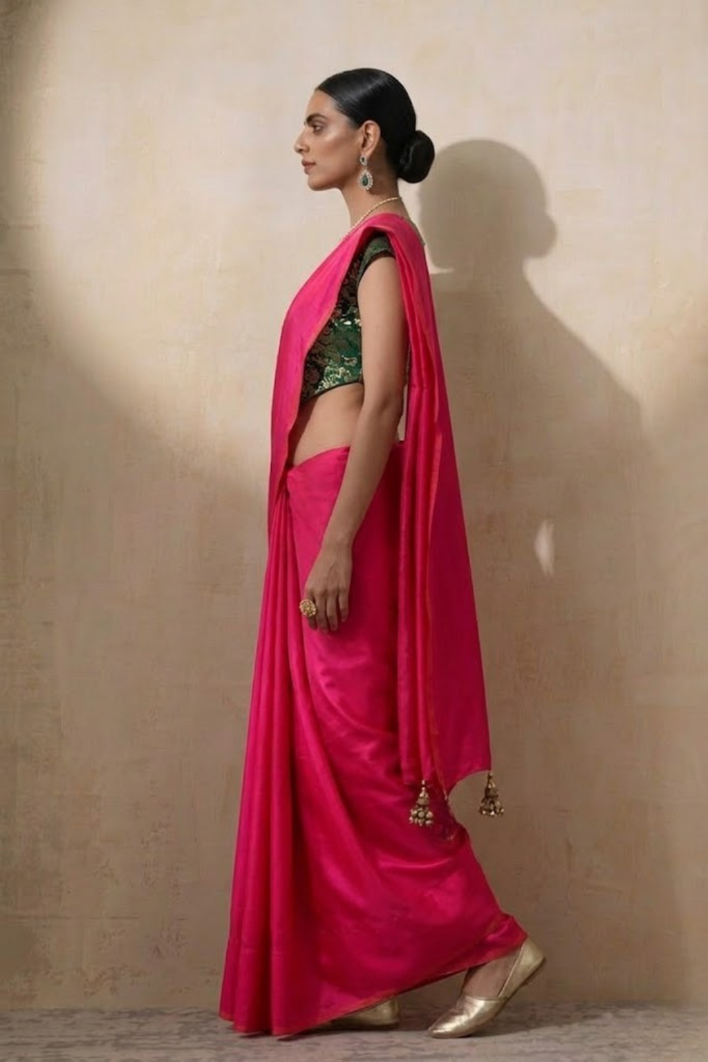With Stitched Blouse - Green Brocade Blouse with Fuchsia Pink Dual Tone Satin Saree (Blouse has sleeve attached)