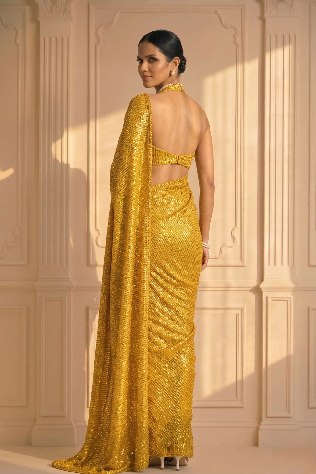 Yellow Knitted Sequin Saree with Blouse Fabric