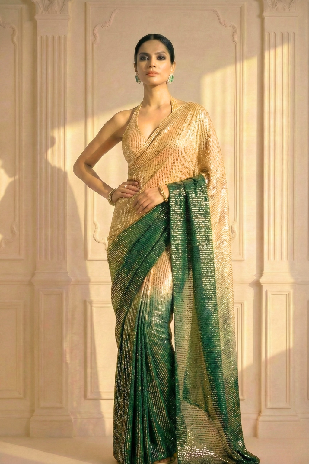 Green and Cream Ombre' Knitted Sequin Saree with Blouse Fabric