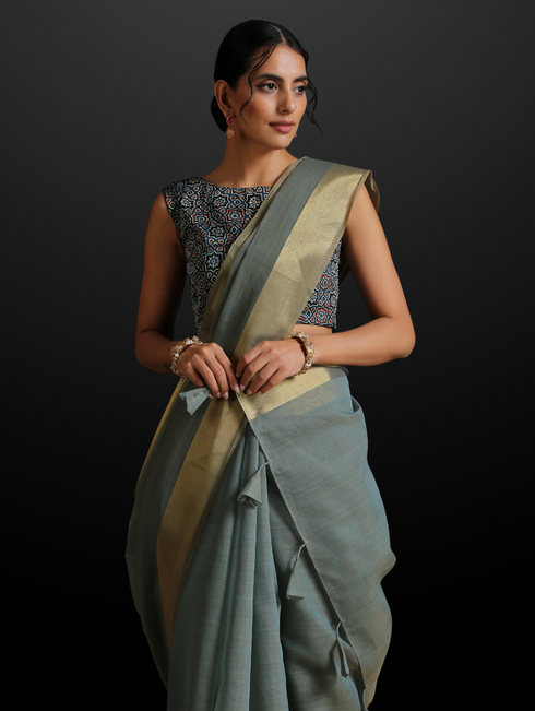 Blue Dusk Dual Shade Cotton Saree with Border and Tassels