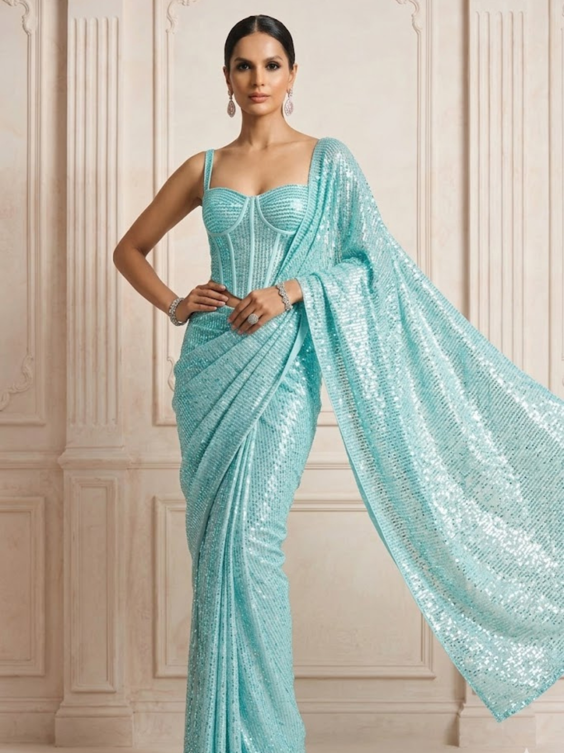 Havana Dreams Blue Knitted Sequin Saree with Blouse Fabric