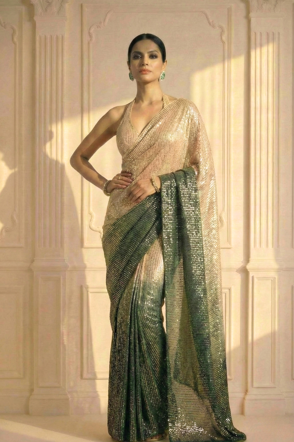 Green and Cream Ombre' Knitted Sequin Saree with Blouse Fabric