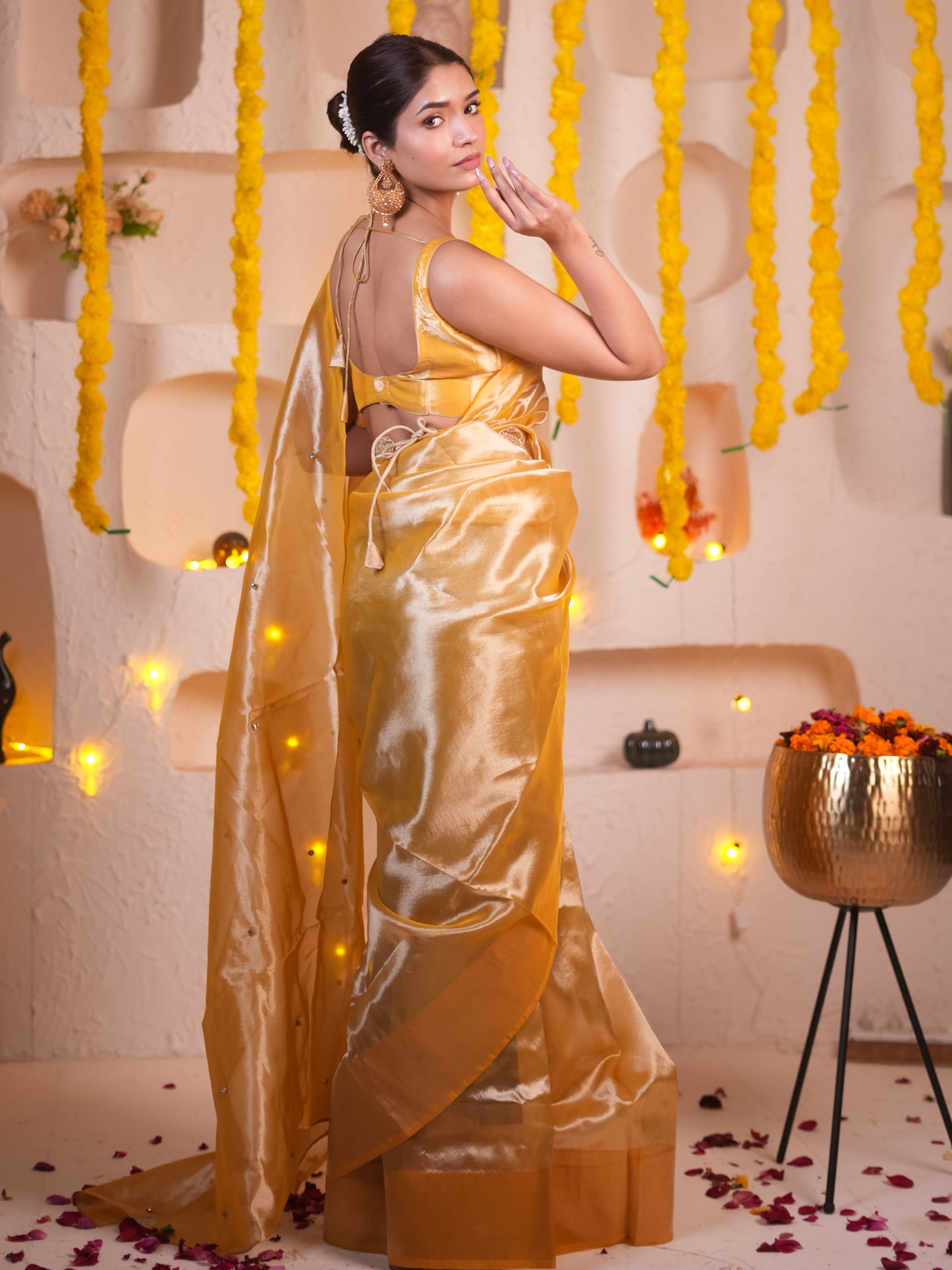 Banarasi Haldi Tissue Saree With Beads And Blouse Fabric
