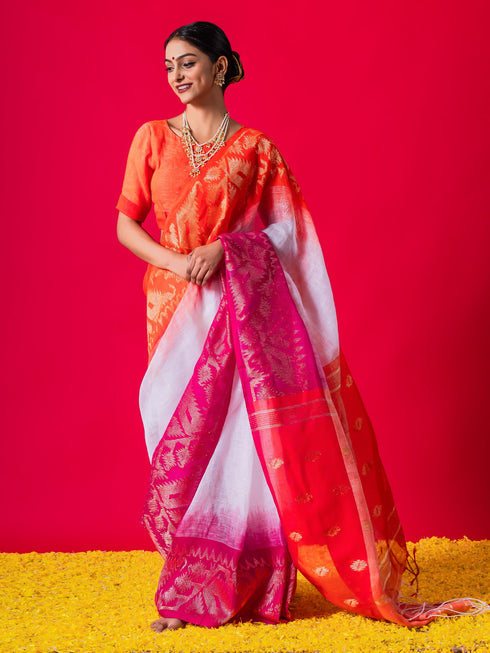 White Linen Ganga Yamuna Red & Orange Saree with Blouse Fabric