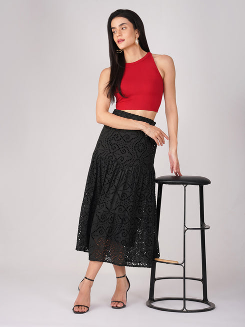 Women's Stretchy Knitted Halter Neck Red Crop Top