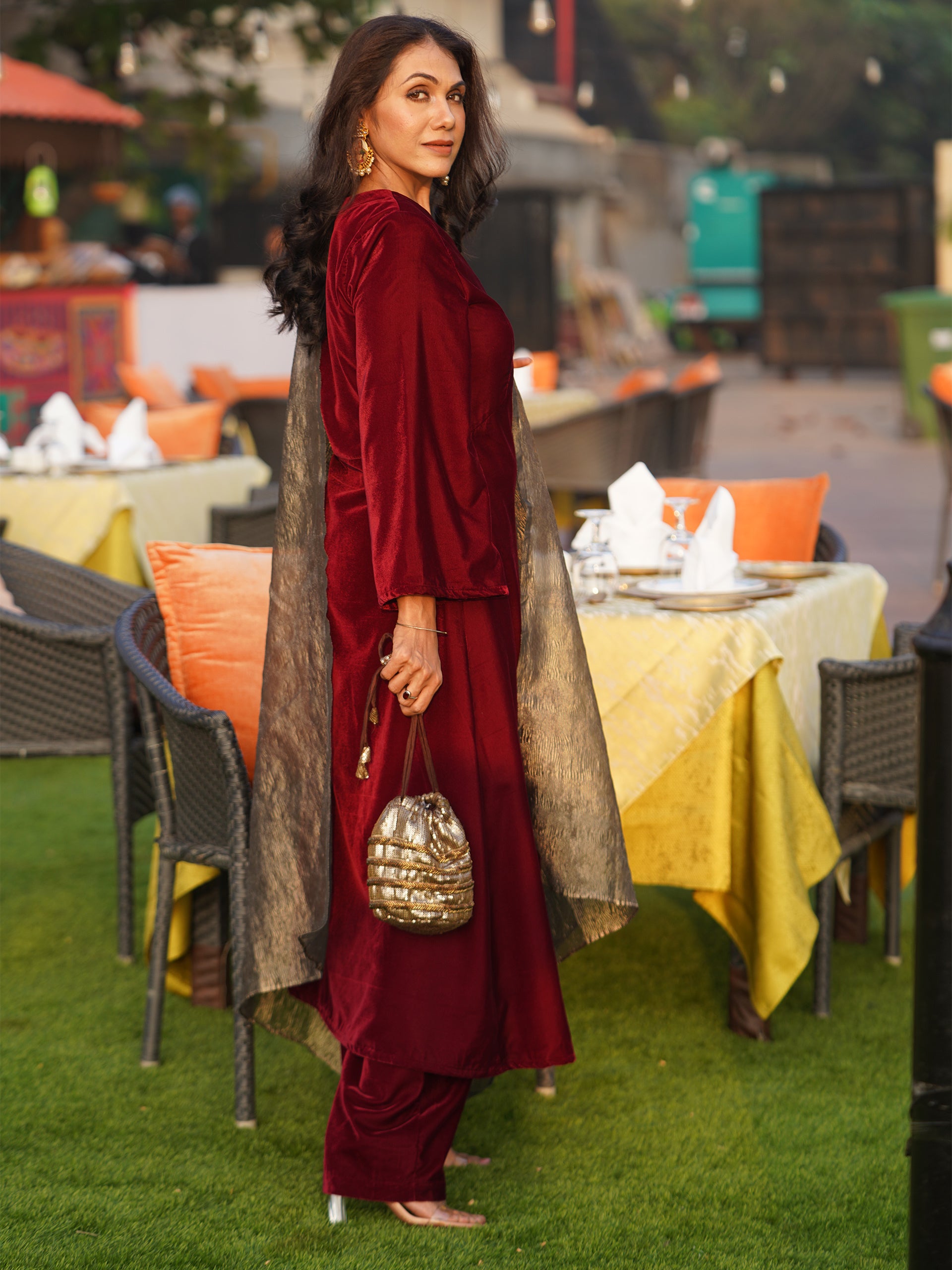 Women's Maroon Velvet Kurta with Pant and Crushed Tissue Dupatta 3 Piece Set | Straight Fit, V Neck, Full Sleeves, Pants, Festive Wear, (Velvet)