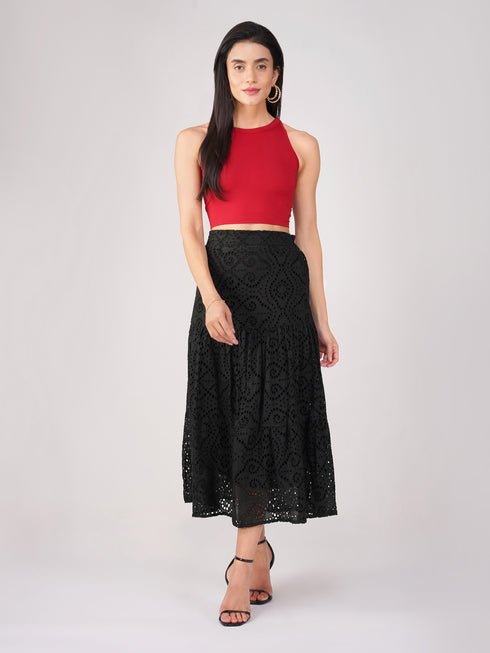 Women's Stretchy Knitted Halter Neck Red Crop Top