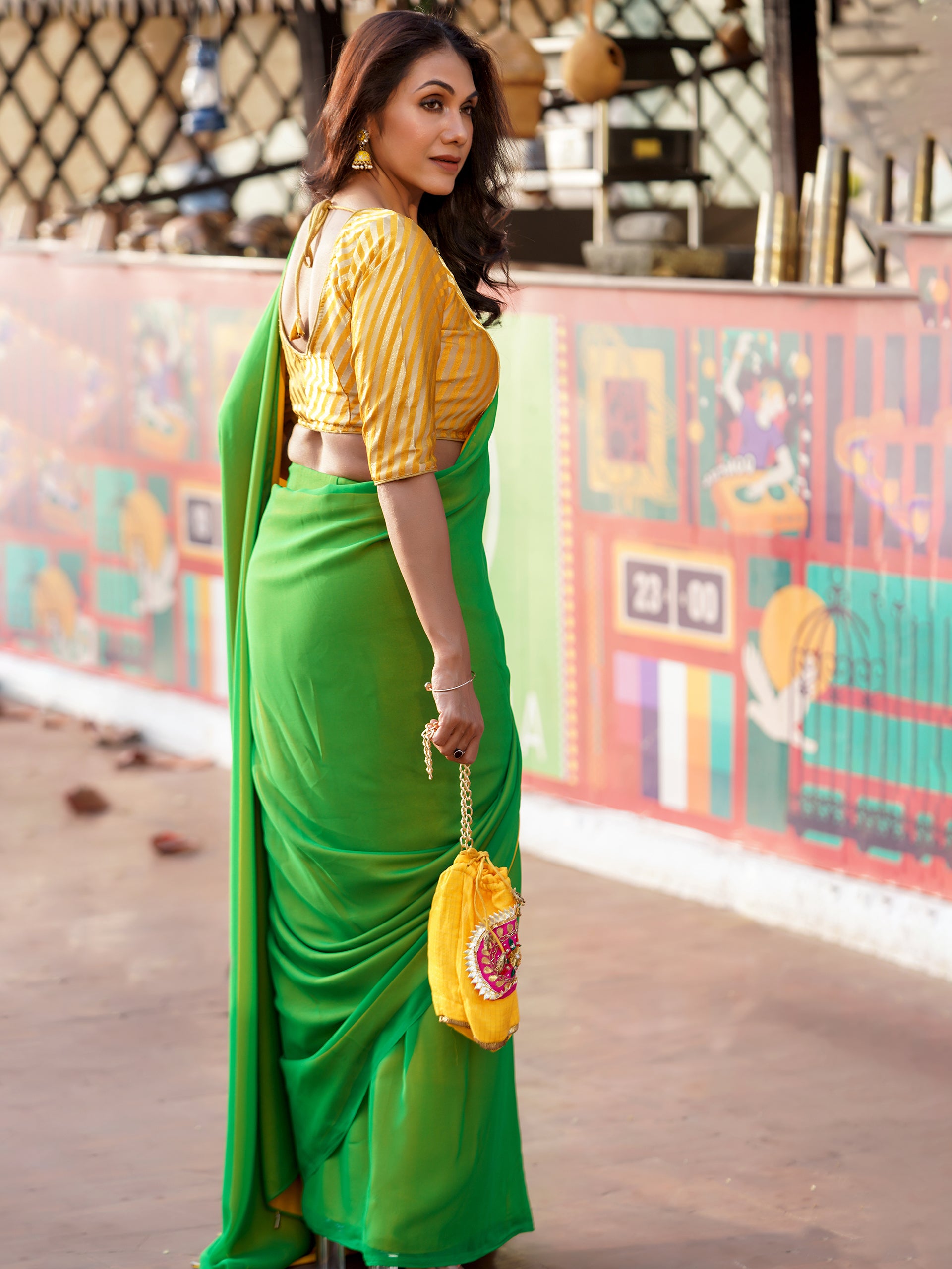 Pre-Draped 1-Minute Enchanting Green Georgette And Yellow Satin Saree with Blouse Fabric