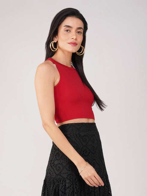 Women's Stretchy Knitted Halter Neck Red Crop Top
