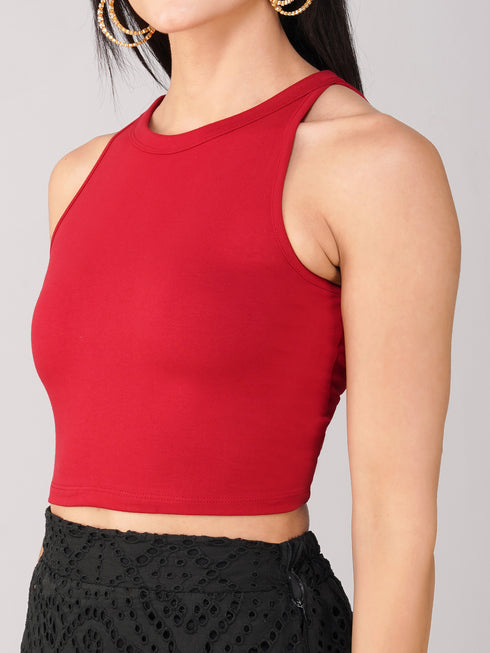 Women's Stretchy Knitted Halter Neck Red Crop Top