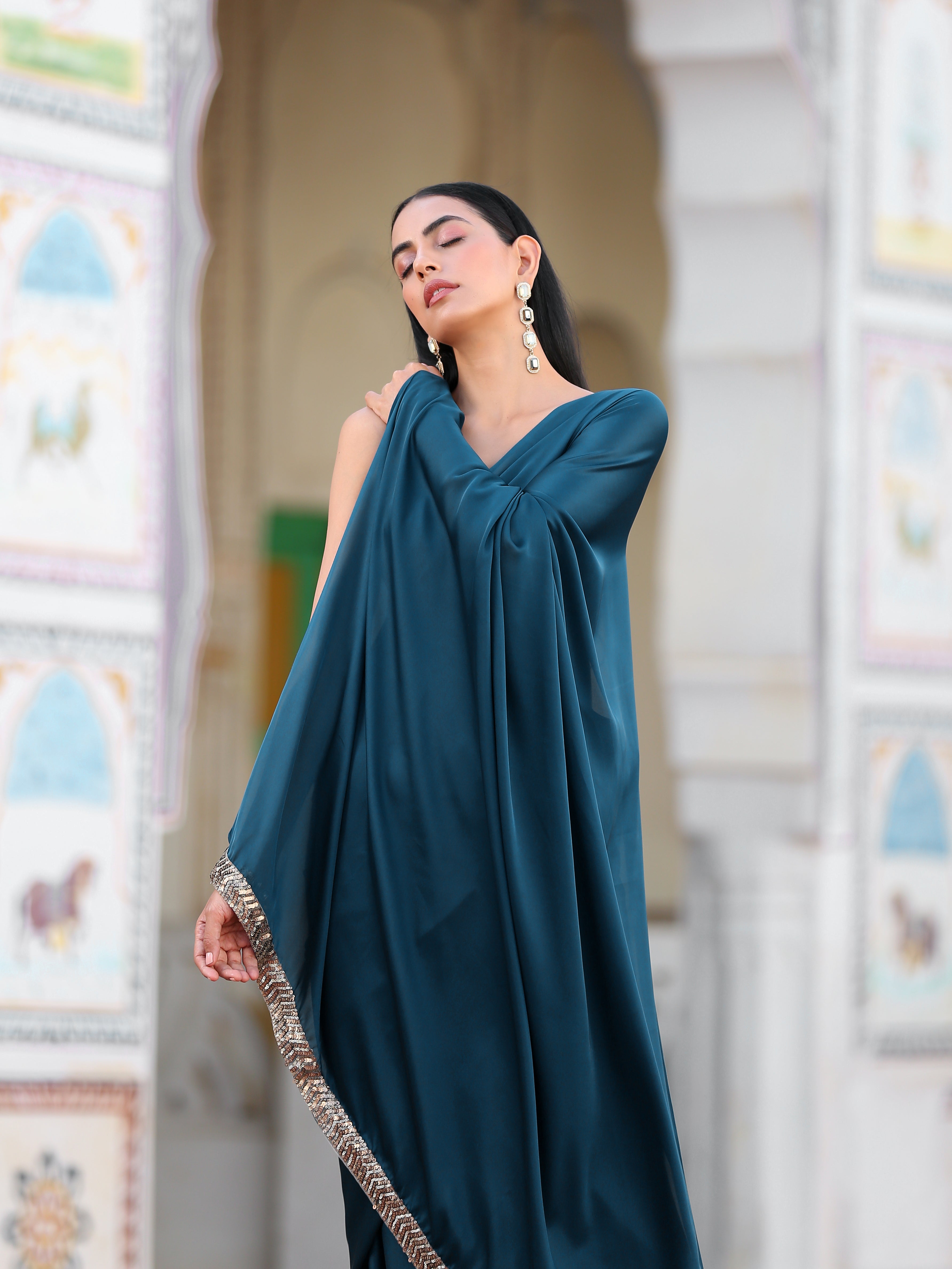 Prussian Blue Satin Saree