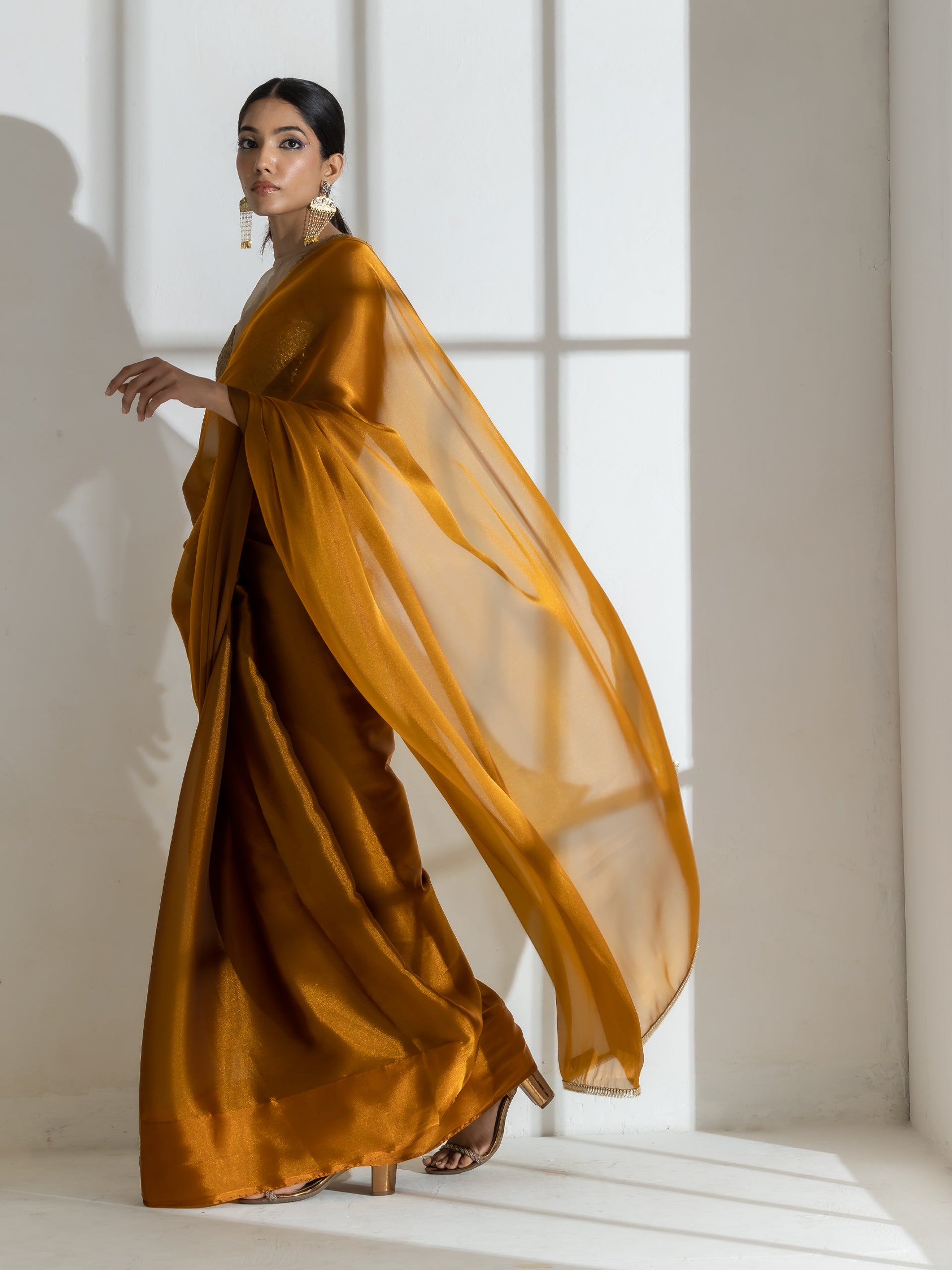 Brushed Bronze Organza Saree with Diamond Lace & Self Blouse Fabric