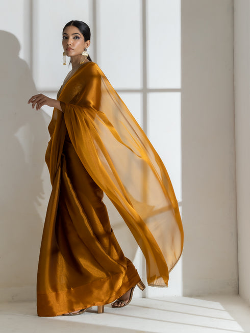 Brushed Bronze Organza Saree with Diamond Lace & Self Blouse Fabric
