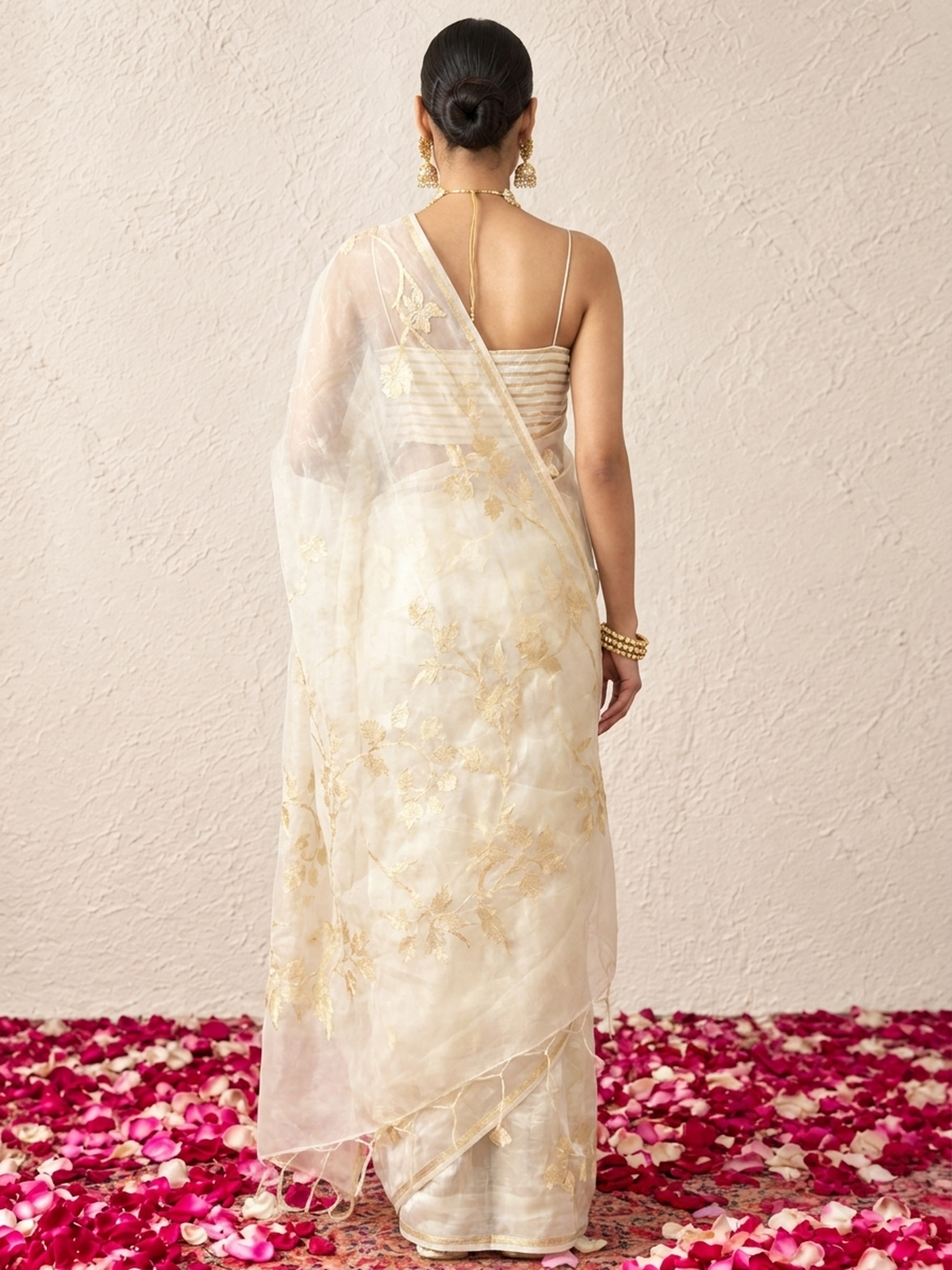 Cream Organza Saree with Zari Buti and Matching Stripe Blouse Fabric