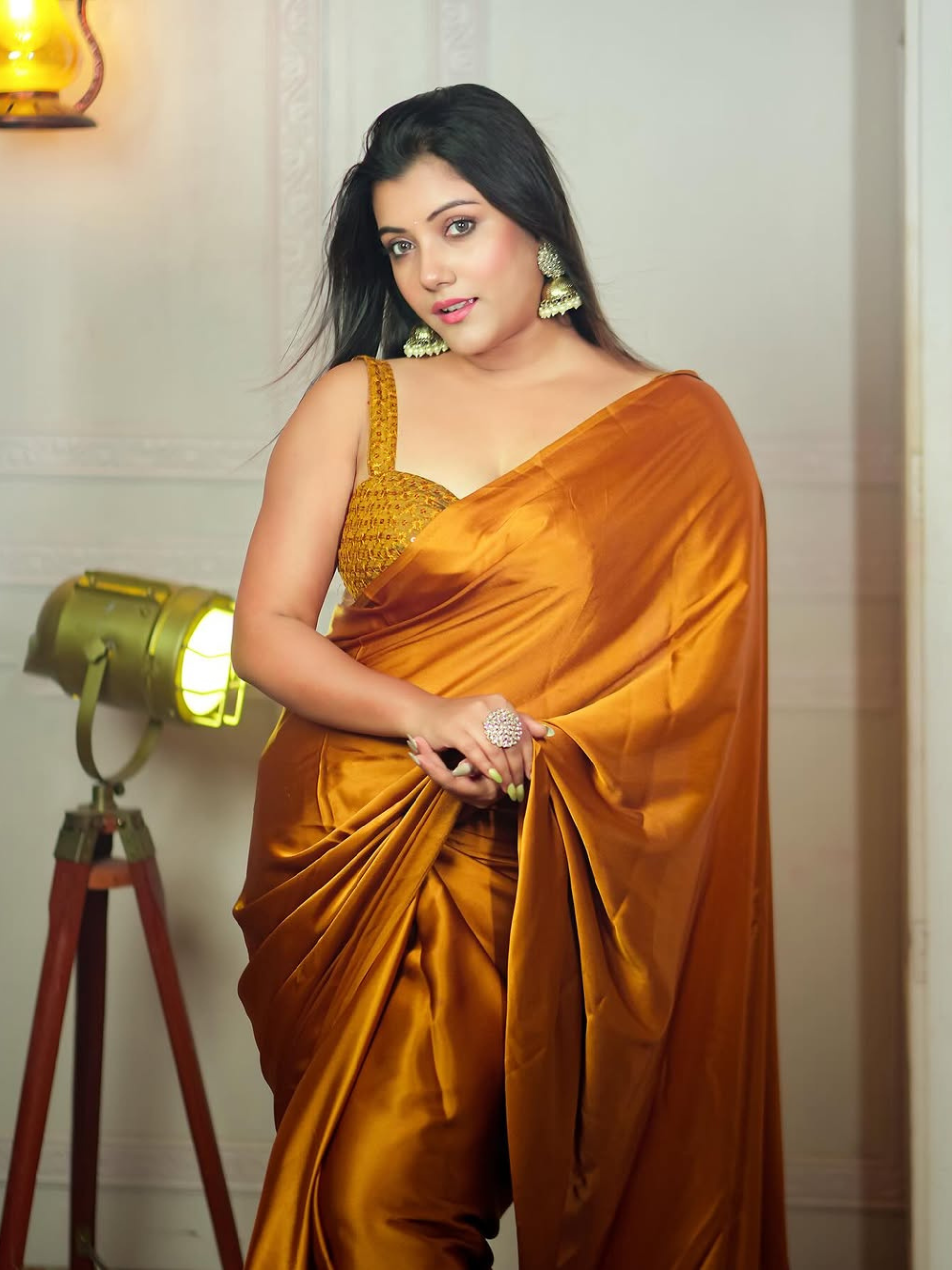 Mustard Magma Satin Saree with Lace and Embroidered Blouse Fabric