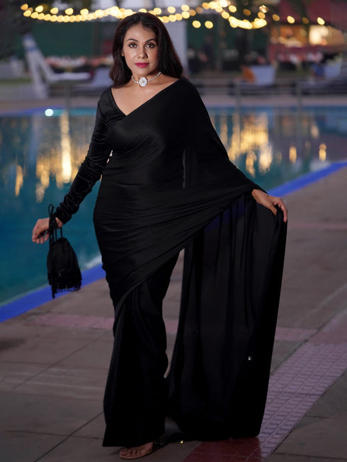 Pre-Draped 1-Minute Black Satin Saree with Big diamonds and Blouse Fabric