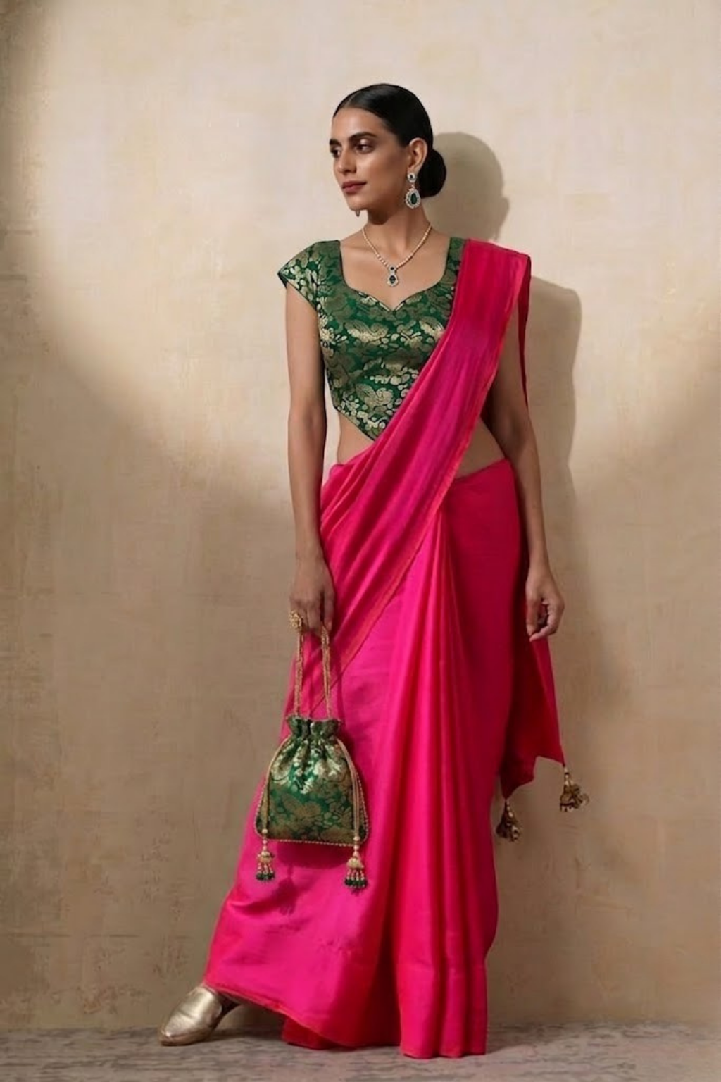 With Stitched Blouse - Green Brocade Blouse with Fuchsia Pink Dual Tone Satin Saree (Blouse has sleeve attached)