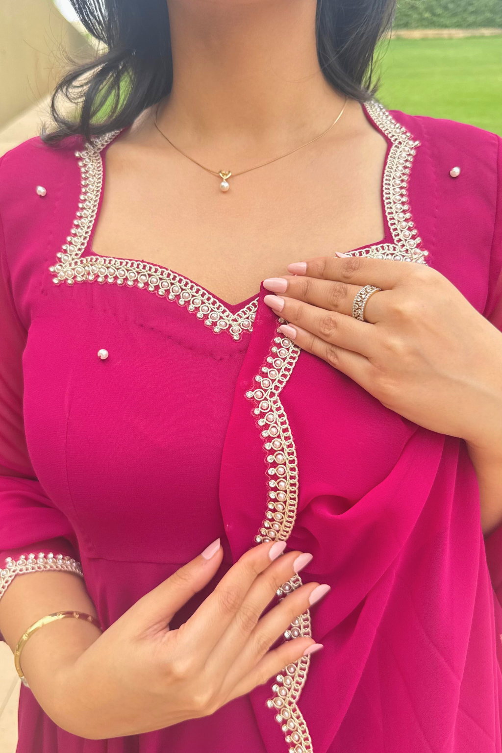3 pc Suit Set -Rebel Georgette 3/4th Sleeve Anarkali with Embroidery and Dupatta with Pants