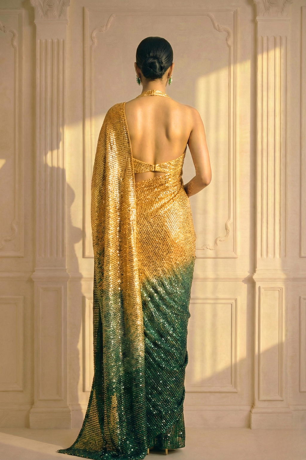 Green and Cream Ombre' Knitted Sequin Saree with Blouse Fabric