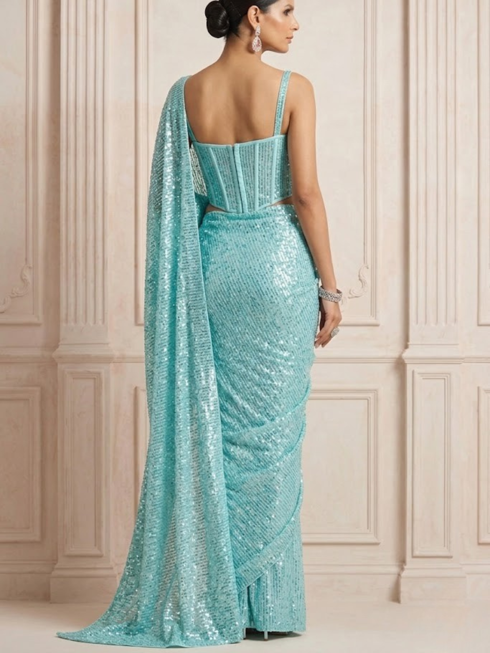 Havana Dreams Blue Knitted Sequin Saree with Blouse Fabric