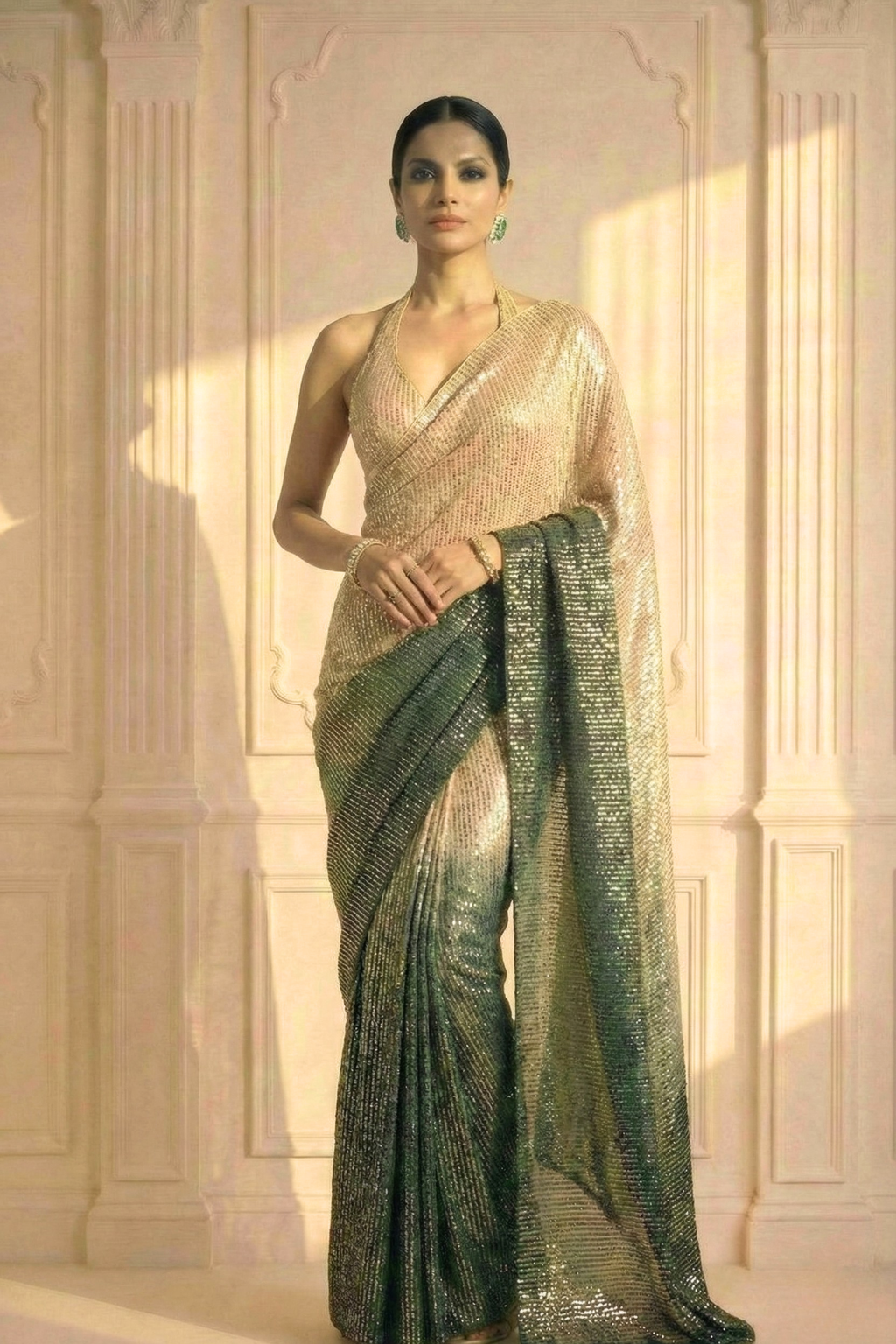Green and Cream Ombre' Knitted Sequin Saree with Blouse Fabric