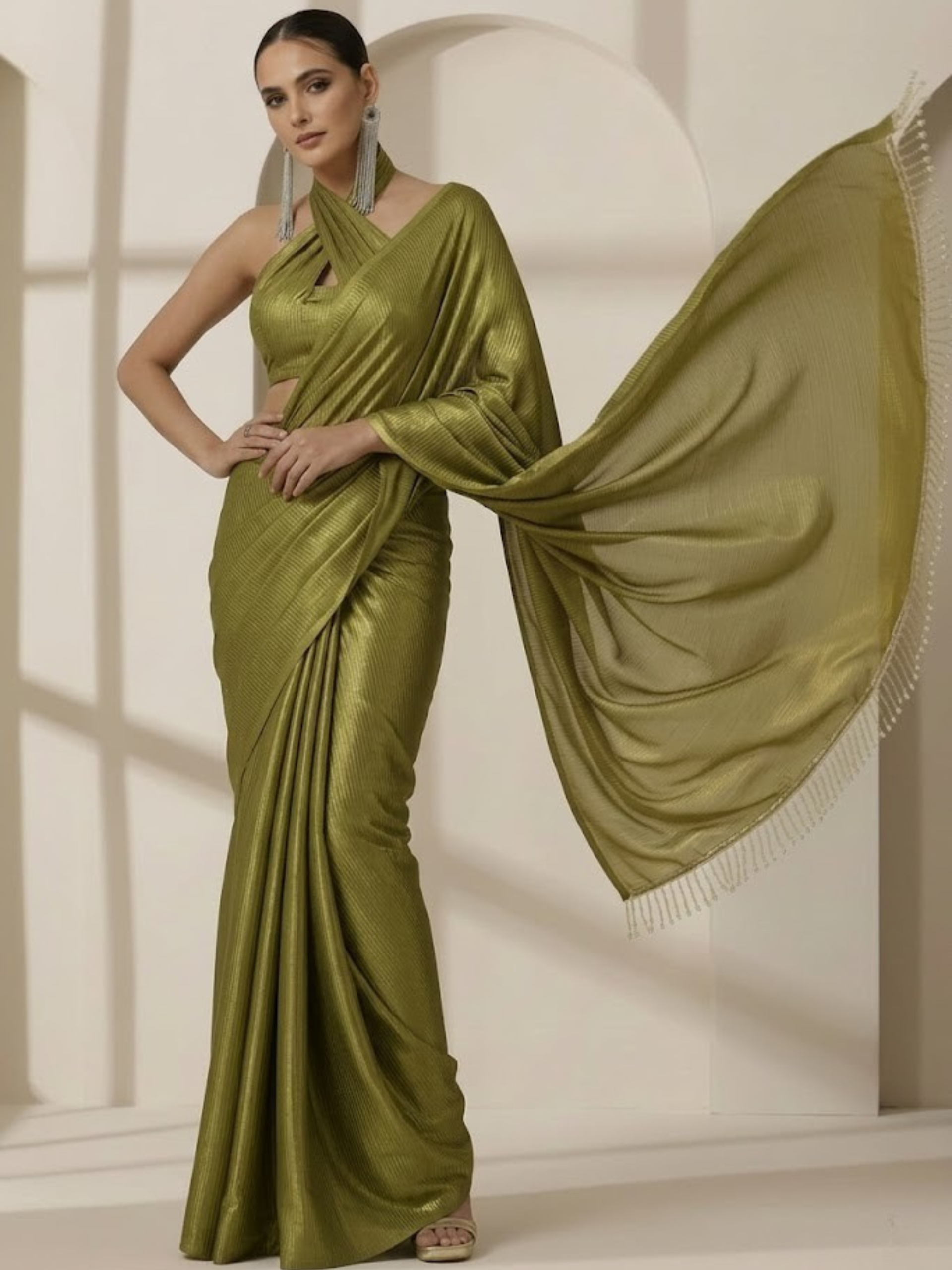 Henna Gold Chiffon Saree with Lace with Self Blouse Fabric