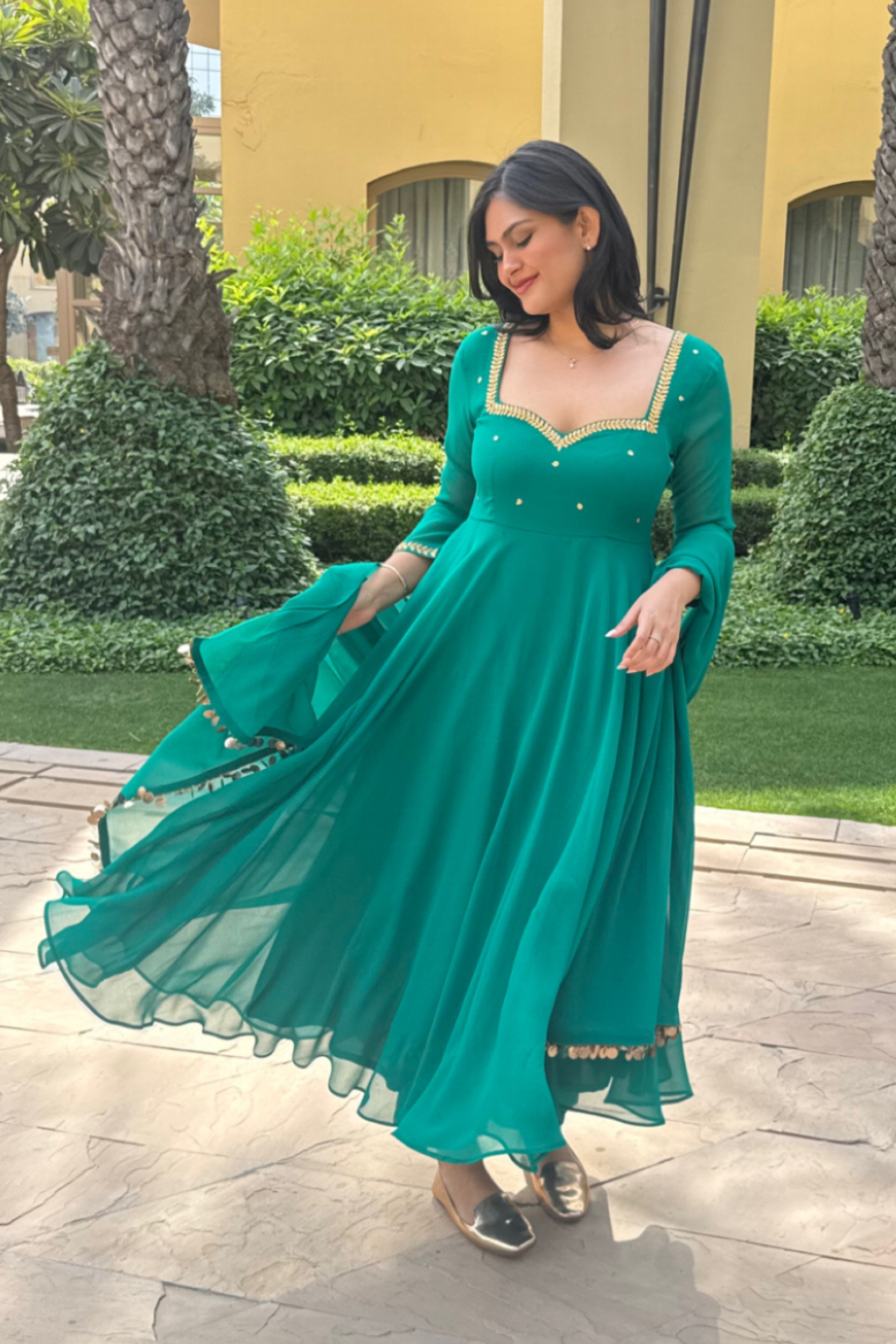 3 pc Suit Set - Terribily Nice Green Georgette 3/4th Sleeve Anarkali with Gold Embroidery and Dupatta with Pants