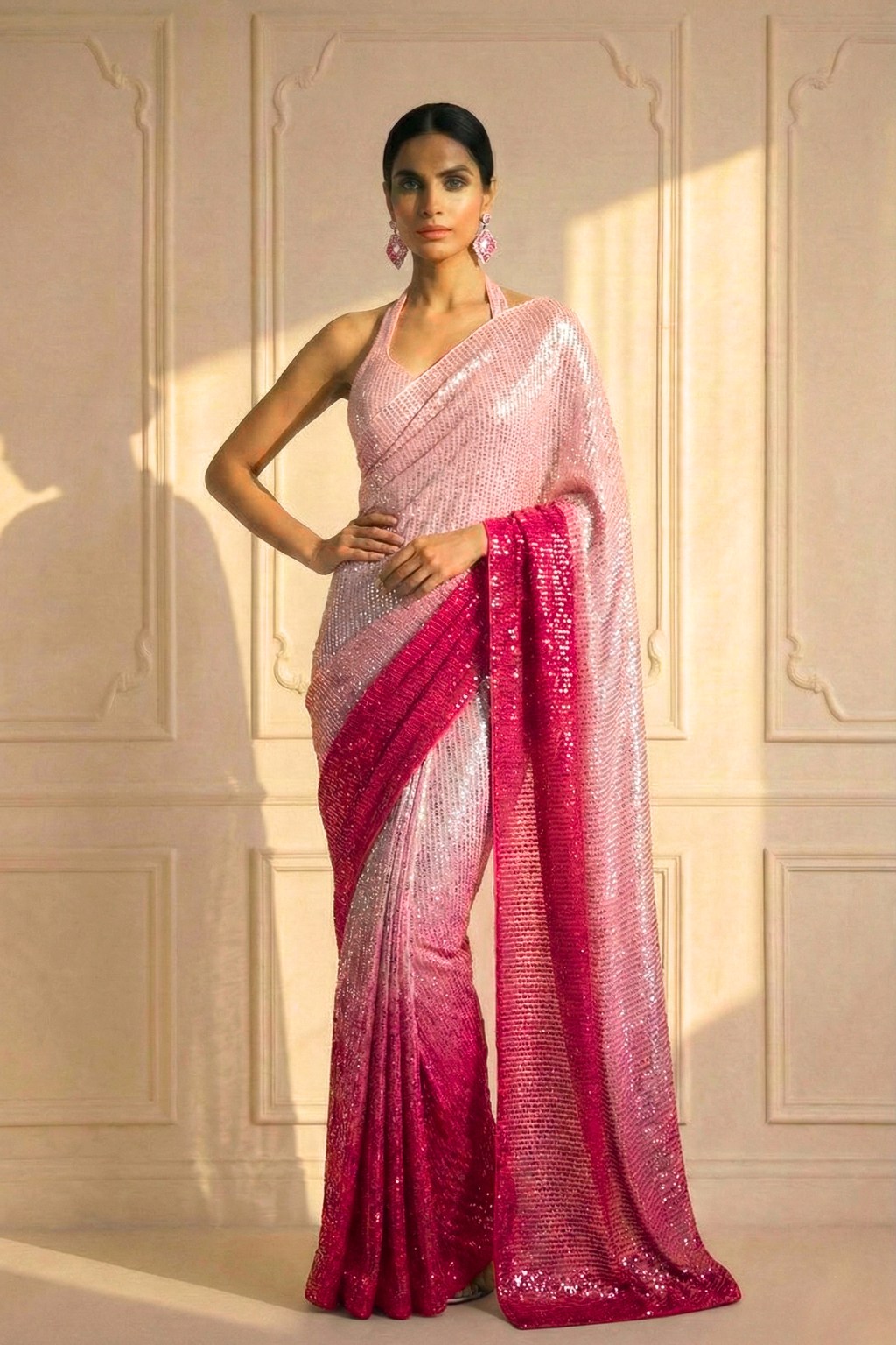 Barbie Pink Ombre' Knitted Sequin Saree with Blouse Fabric