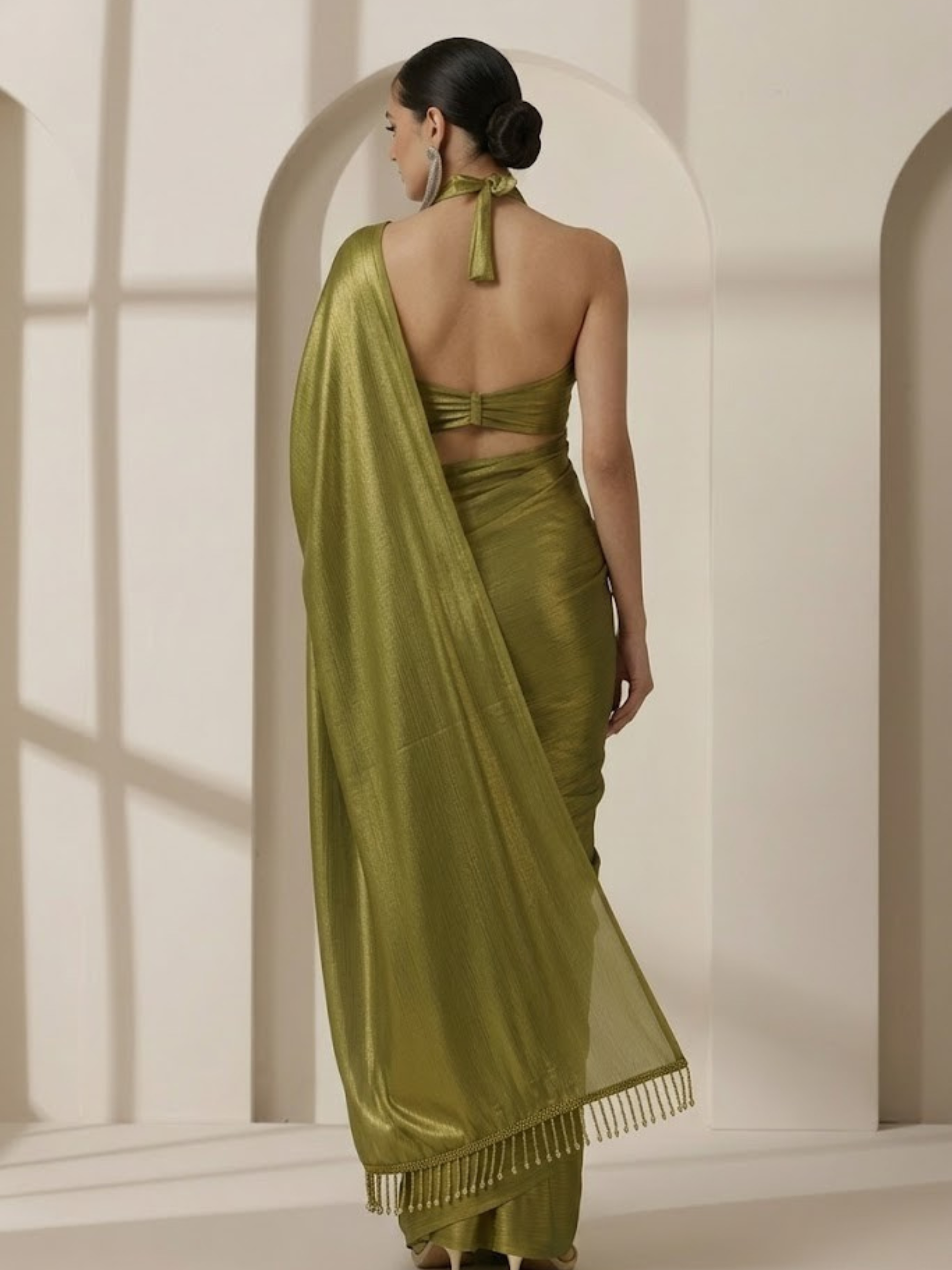 Henna Gold Chiffon Saree with Lace with Self Blouse Fabric