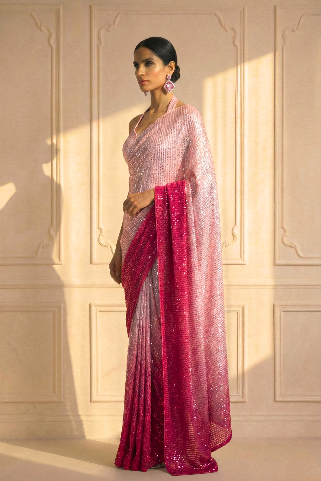Barbie Pink Ombre' Knitted Sequin Saree with Blouse Fabric