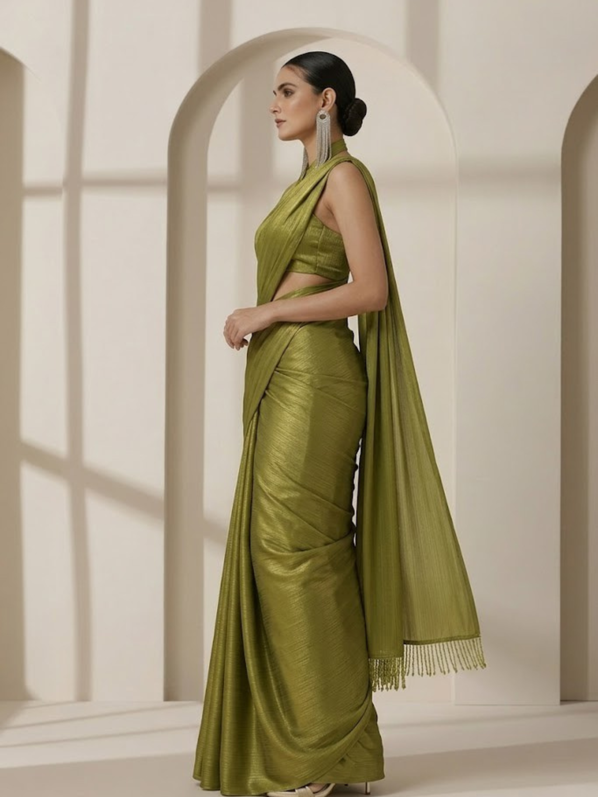 Henna Gold Chiffon Saree with Lace with Self Blouse Fabric