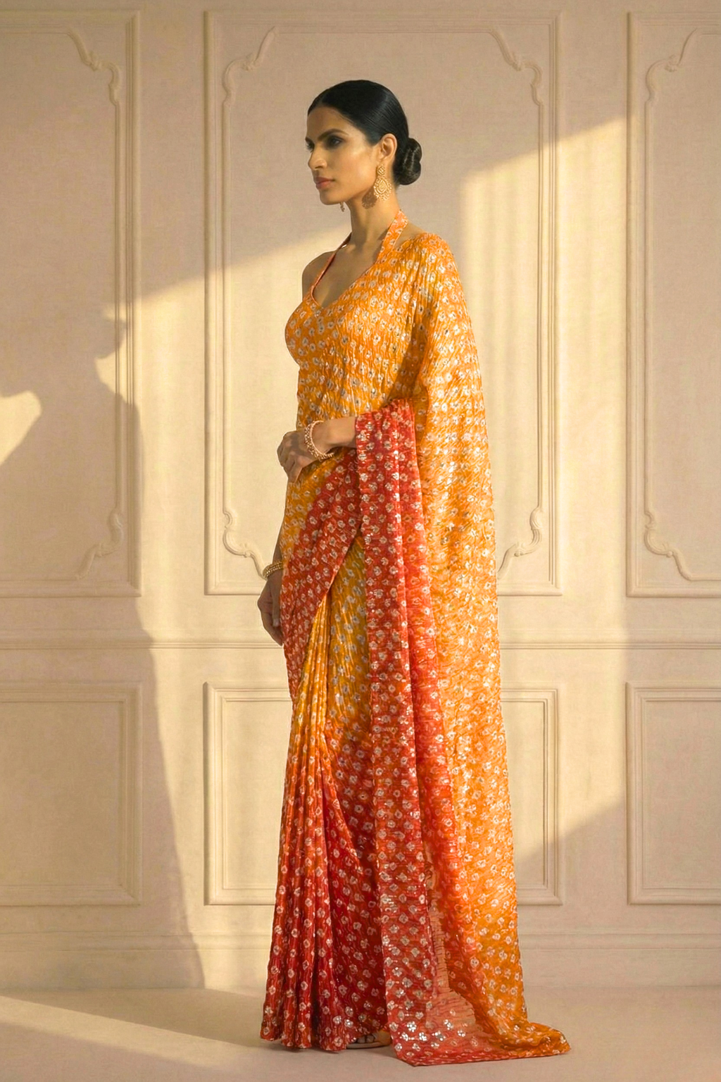 Sunset Orange and Yellow Ombre' Knitted Printed Sequin Saree with Blouse Fabric