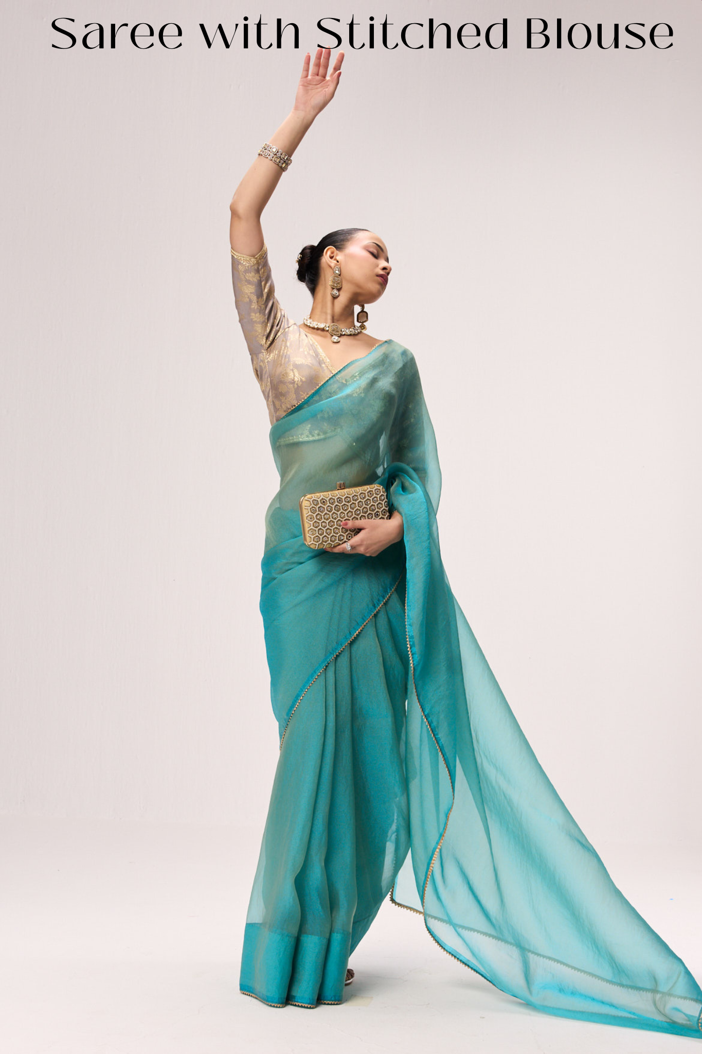 With Readymade Blouse - Aqua Blue Gold Chiffon Saree with Sabya Grey Gold Jacquard Readymade Blouse