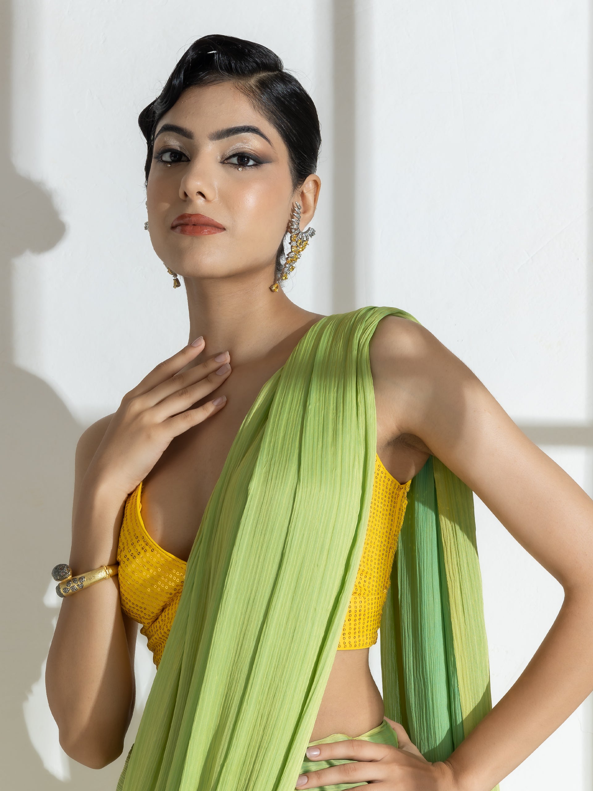 Lime and blue dual shade texture chiffon saree with beads — view 9
