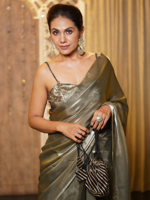 Pre-Draped 1-Minute Liquid Gold Organza Saree with Big Diamonds and Blouse Fabric