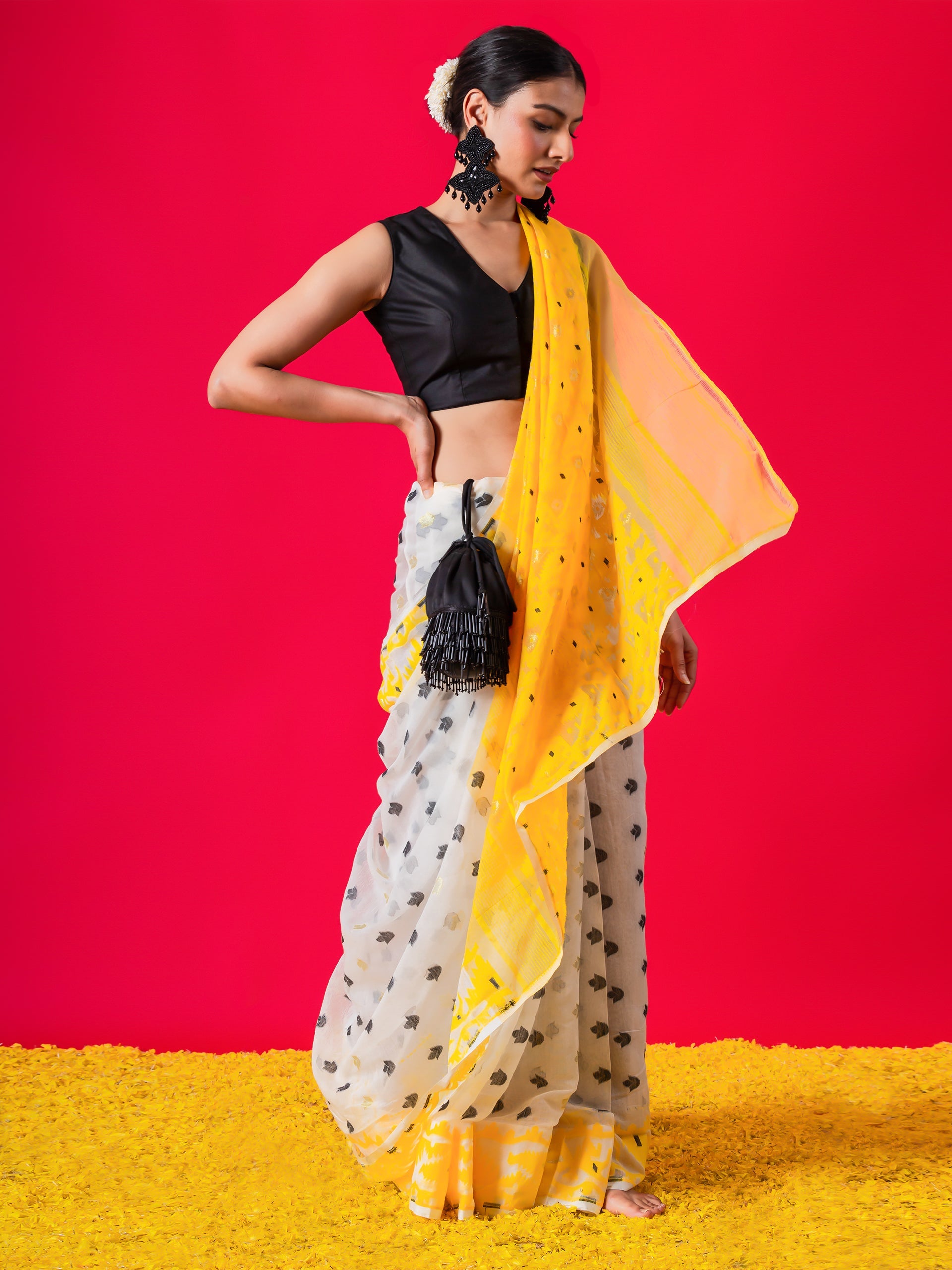 Nayantara Yellow and Black Jamdani Cotton Saree