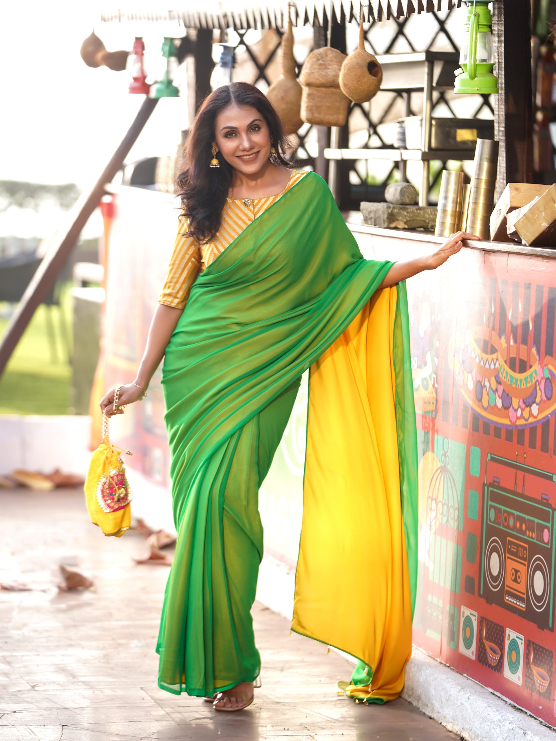 Pre-Draped 1-Minute Enchanting Green Georgette And Yellow Satin Saree with Blouse Fabric