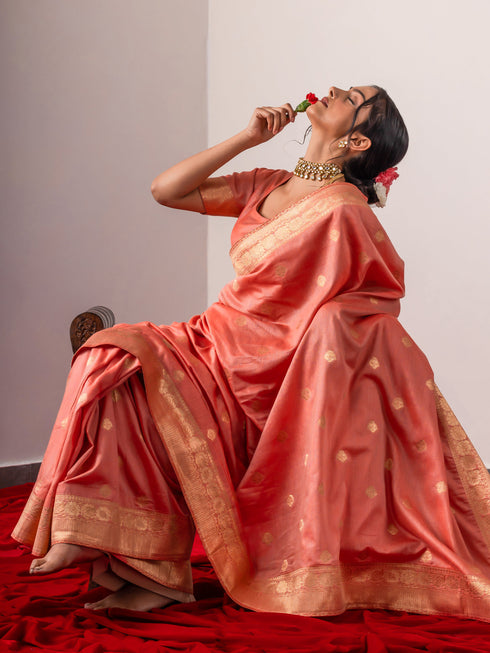 Koyal Pink & Gold Soft Silk Saree with Blouse Fabric