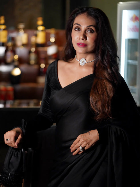 Pre-Draped 1-Minute Black Satin Saree with Big diamonds and Blouse Fabric