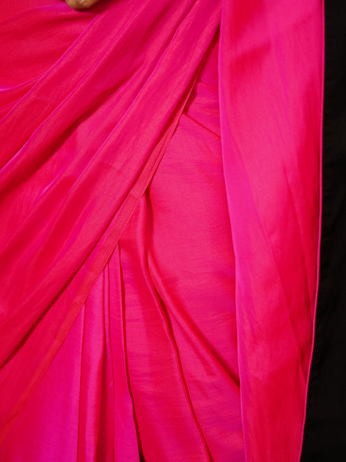 Pre-Draped 1-Minute Fuchsia Satin Saree with Gold Handmade Pendants and Blouse Fabric