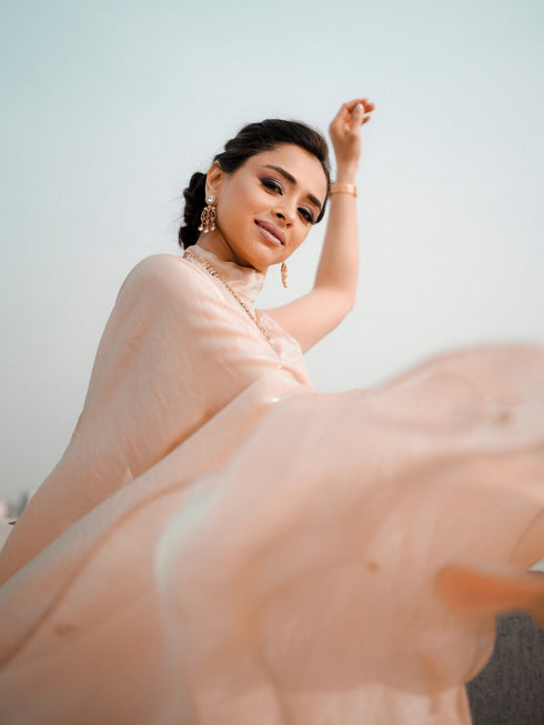 Peach Blue Metallic Satin Saree with Beads and Blouse Fabric