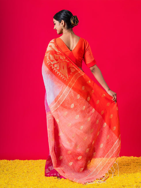 White Linen Ganga Yamuna Red & Orange Saree with Blouse Fabric
