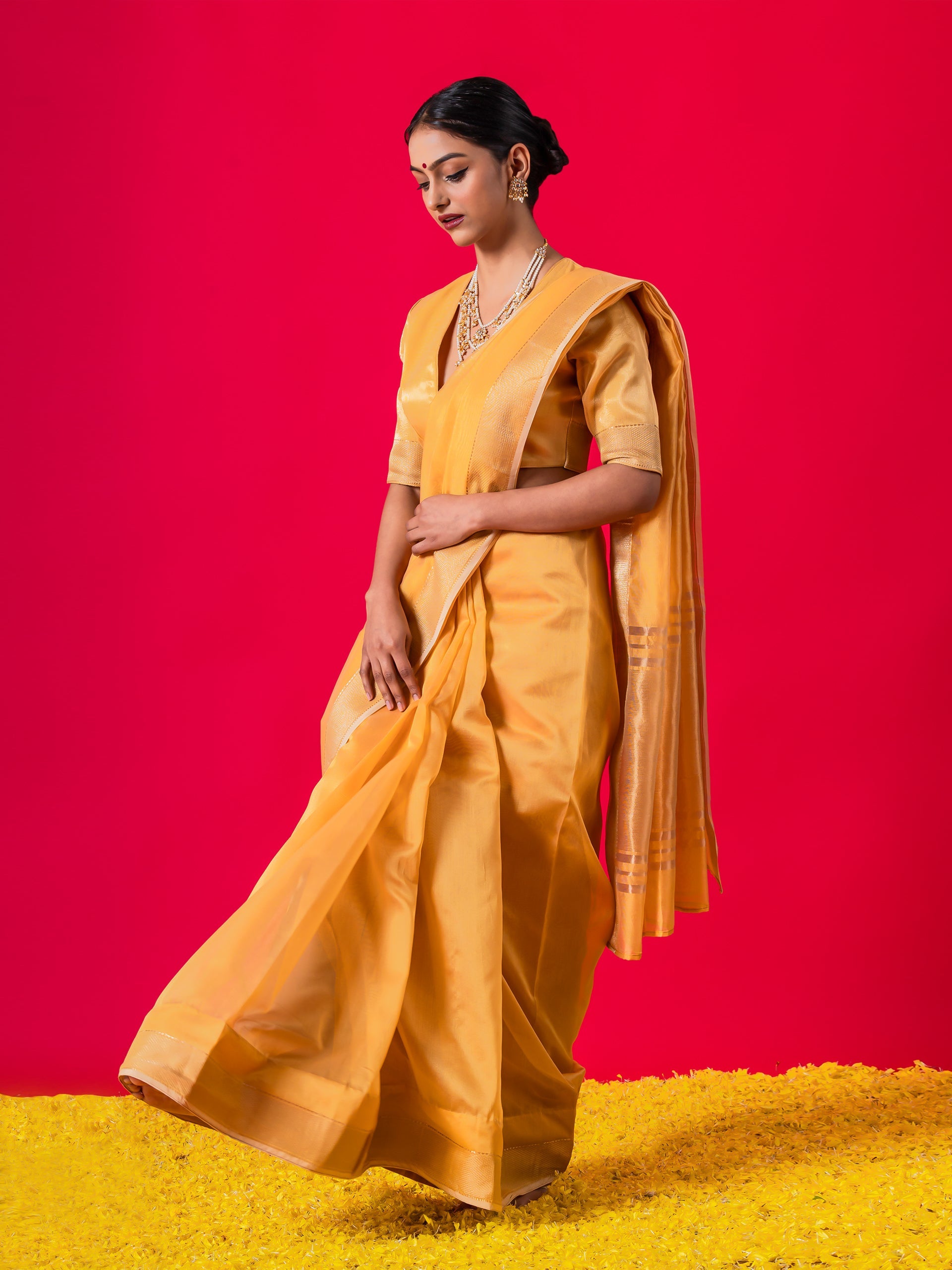 Dandelion Yellow Gold metallic Saree with Blouse Fabric
