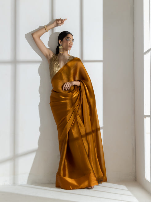 Brushed Bronze Organza Saree with Diamond Lace & Self Blouse Fabric