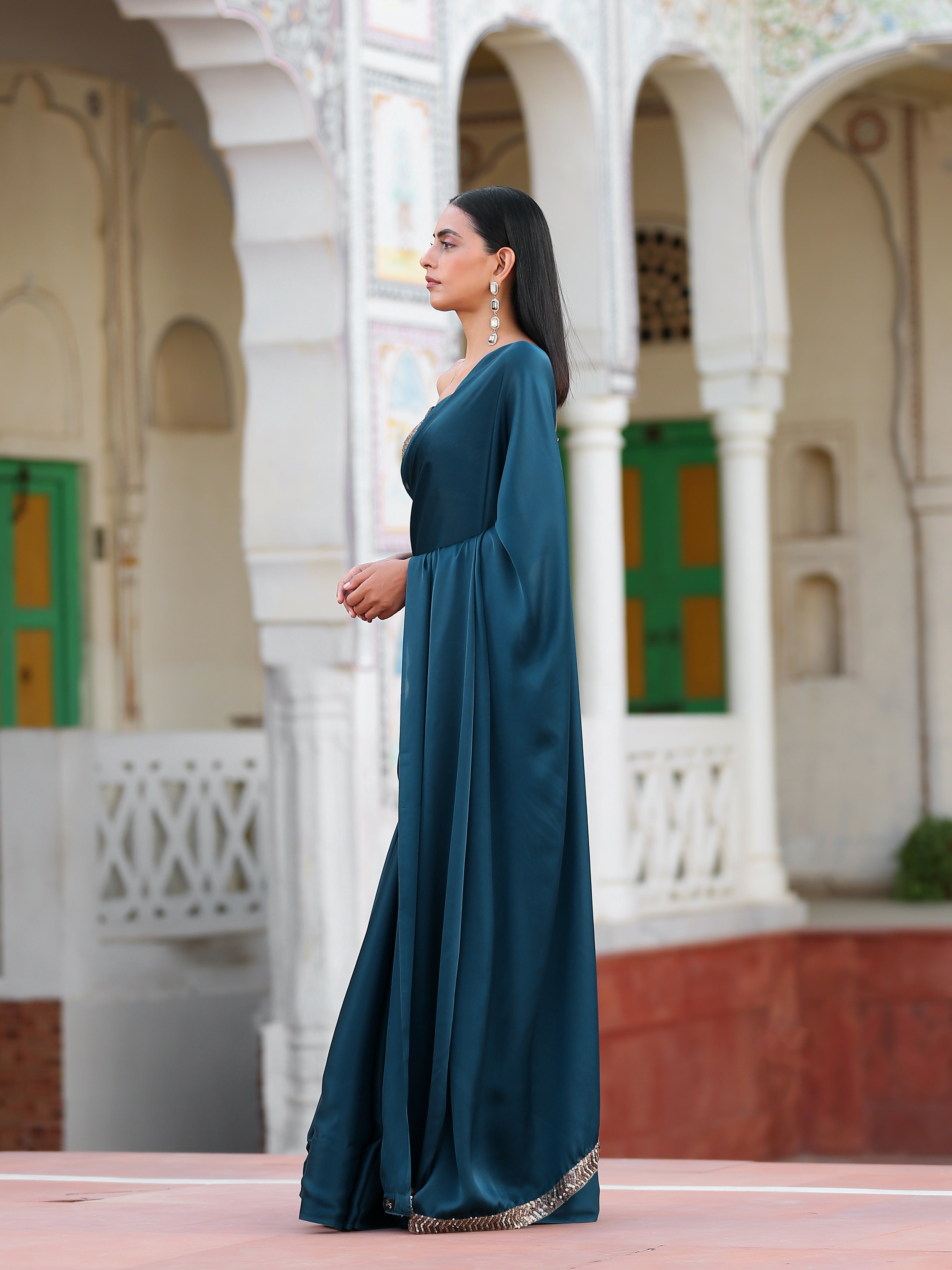 Prussian Blue Satin Saree